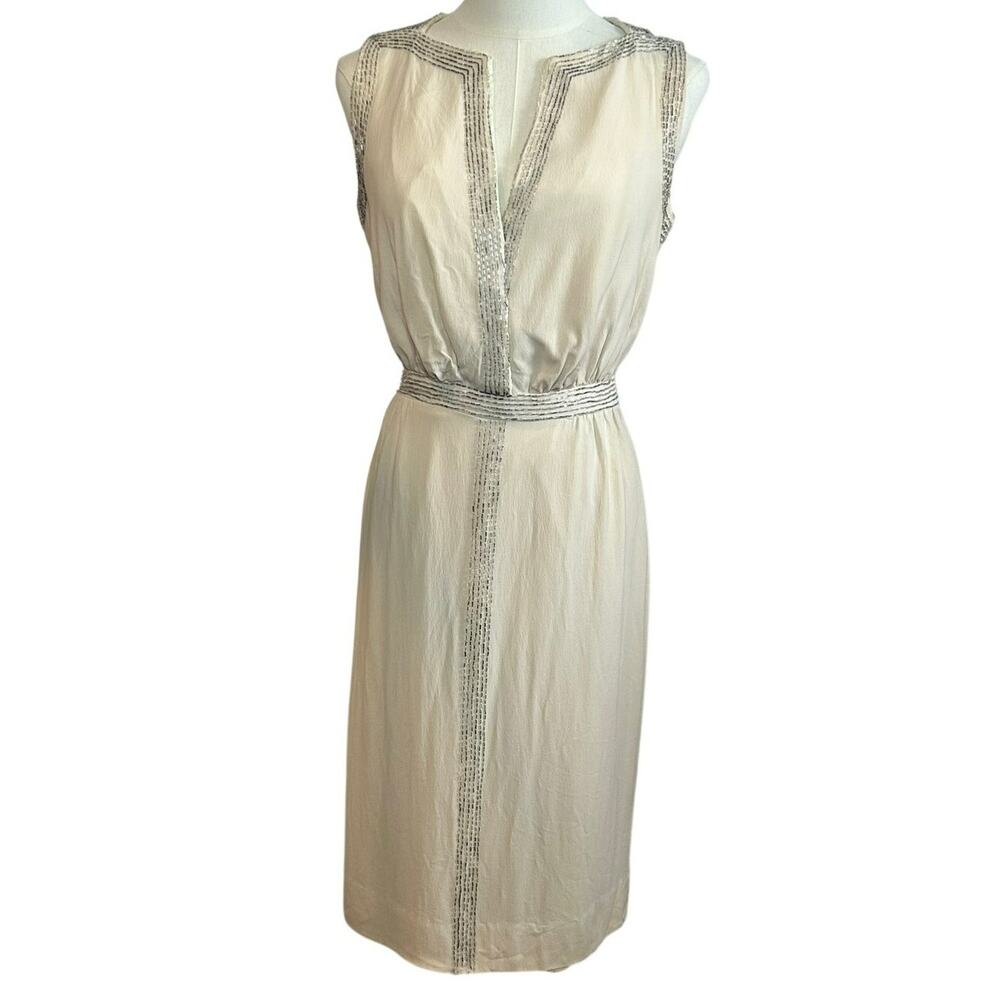 Vintage 1960s Silk Beaded Sheath Dress Ivory White S 4